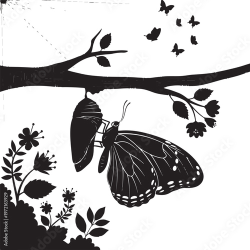 Butterfly silhouette hanging from tree branch with leaves and flowers, Generative Ai