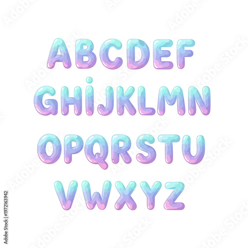 Holographic alphabet letters in pastel colors.