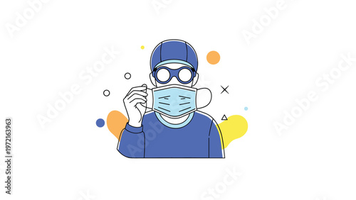 Person wearing a blue protective uniform, safety goggles, and putting on a medical face mask for health and safety.