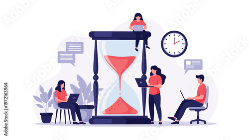 Group of people working on laptops and talking around a giant hourglass to represent time management and project deadlines.