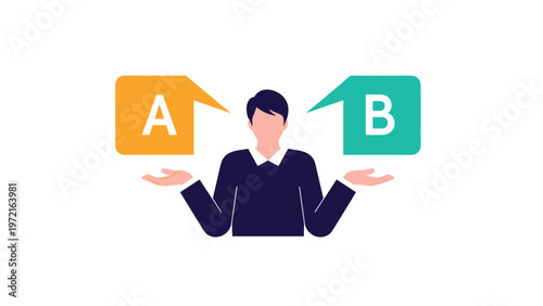 Indecisive person looking at two speech bubbles labeled A and B while trying to make a difficult choice or decision.