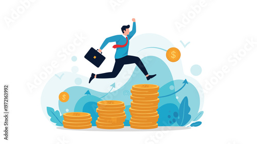 Successful businessman jumping over rising stacks of golden coins to represent financial growth and investment success.