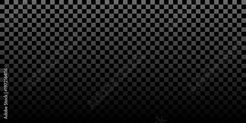 Transparent checker grid background with gradient fade effect - geometric checkerboard pattern for editing. Seamless square tiles with black and grey digital texture for PNG backdrop.