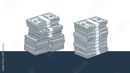 Two tall stacks of paper money bills representing savings, wealth, and successful financial accumulation for the future.