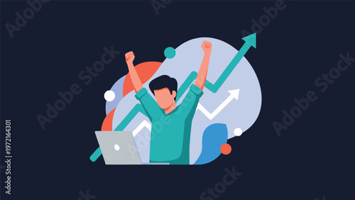 Successful entrepreneur cheering with arms raised in front of upward trending financial charts and graphs representing business growth.