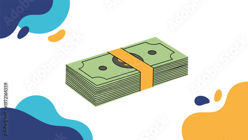 Stack of green dollar bills tied together with a yellow band placed on a background with colorful abstract liquid shapes.