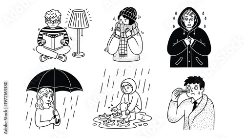 Human Reactions to Weather: Cold, Rain, Heat. Black & White Illustrations of Discomfort