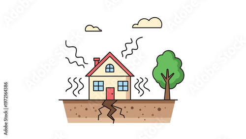 Simple house shaking violently during an earthquake with cracks appearing in the ground beneath it and clouds in the sky.