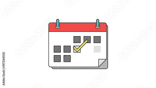 Calendar with a red top and gray dates featuring a prominent yellow checkmark over one specific day of the month grid.