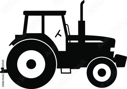 Black silhouette of a modern agricultural tractor with large rear wheels and a steering wheel inside the cabin