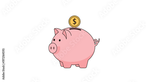 Classic pink piggy bank with small ears and a curly tail receiving a shiny gold dollar coin into the slot on its back.