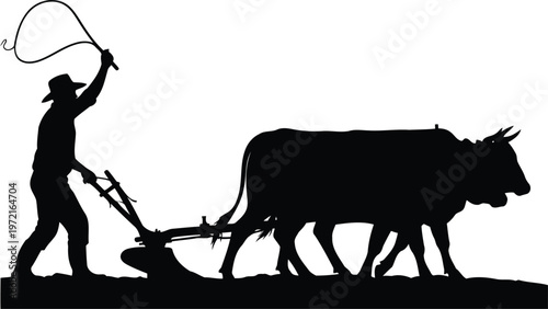 Silhouette farmer with oxen plowing field raising whip against clear white background