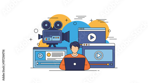 Video editor or content creator working on a laptop surrounded by various media windows and a professional movie camera icon.