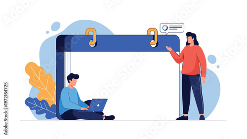 Team of two professionals, a man and a woman, working on a large calendar to plan their project schedules and manage upcoming deadlines.