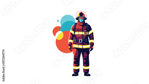 Heroic firefighter standing in full protective uniform including a helmet and a face mask against an abstract colorful bubble background.