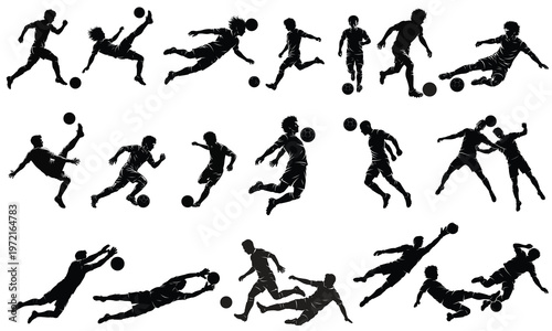 A set of men soccer football players silhouette on white background. Vector illustration	