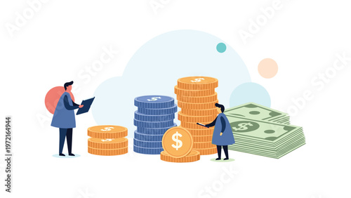 Group of business people work together around large stacks of gold coins and bundles of paper money for financial growth.