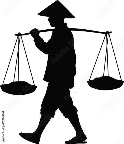 Silhouette of a farmer wearing a conical hat carrying baskets filled with produce on a yoke