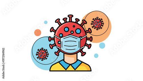 Red virus character wears a blue medical face mask to symbolize health safety and protection during a global viral pandemic.