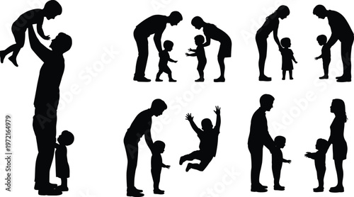 Parent child icons, family silhouette vector, adult lifting child illustration, playful interaction design, nurturing relationship graphic, love care bond