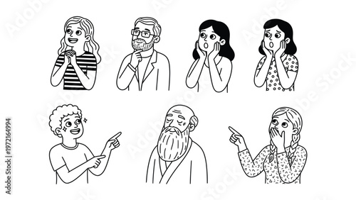 Diverse people looking up with expressions of surprise, wonder, and joy. Hand-drawn line art illustration set with pointing gestures.