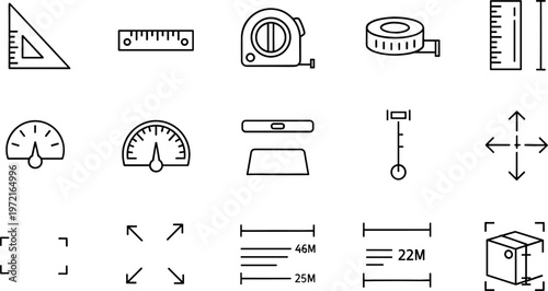 Set of Vector Icons Depicting Measuring Tools, Rulers, and Scales for Construction, Engineering, and Technical Design Projects