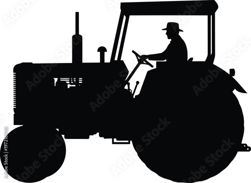 Silhouette of a farmer wearing a hat driving an oldfashioned tractor on a white background