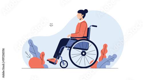 Happy young woman sitting in a wheelchair smiles brightly while surrounded by colorful abstract leaves and floral plant motifs.