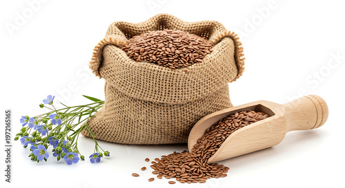 Flax seeds in burlap sack and wooden scoop with blue flax flowers with a sprig of delicate blue flax flowers adds a natural touch with health food with flax flower