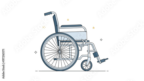 Simple line art drawing of a manual wheelchair is presented on a clean white background with small sparkling yellow elements.