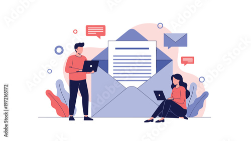 Two office workers use laptops to manage digital communications in front of a giant blue envelope containing a written letter.