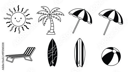 Summer Beach Vacation Icons Set. Cute Black and White Line Art Doodles: Sun, Palm Tree, Umbrella, Surfboard, Lounge Chair, Beach Ball.