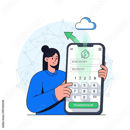 Woman holding smartphone with money transfer.