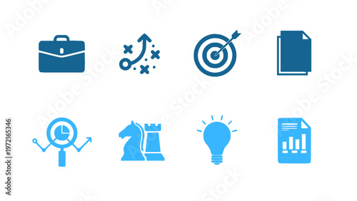 Modern line icons representing office equipment, productivity tools, and workplace essentials