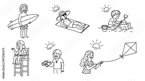 Hand-Drawn Summer Beach Activities Set: Surfing, Sunbathing, Sandcastle, Kite Flying, Lifeguard, and Binoculars. Outline Vacation Icons.