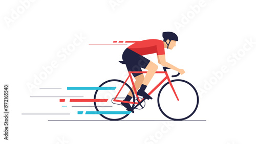 Professional cyclist wearing a red jersey and a black helmet rides a bicycle at high speed with colorful motion lines behind.