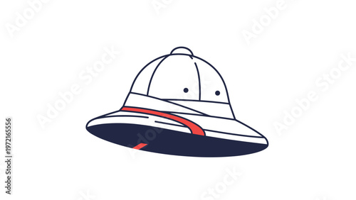 Traditional white pith helmet with a red band is illustrated in a clean style to represent travel, exploration, and safari.