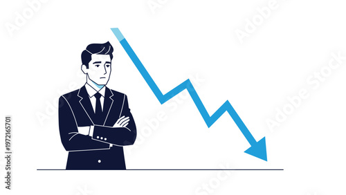 Concerned businessman in a professional suit looking worriedly at a declining blue arrow representing financial loss or crisis.