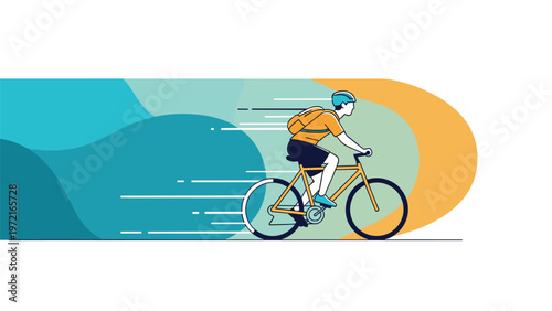 Active person riding a bicycle at high speed against a colorful abstract background with motion lines and dynamic energy.