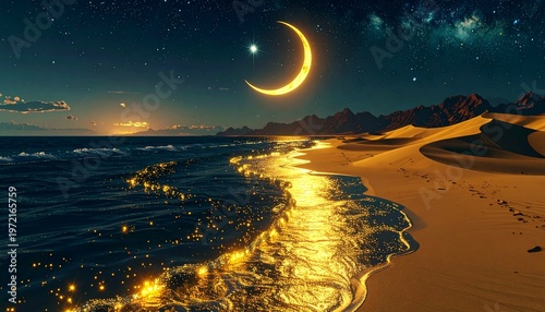 Golden crescent moon over serene desert beach at night with starry reflections