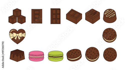 Selection of delicious chocolate treats including bars, truffles, macarons, and cookies arranged in rows on white background.