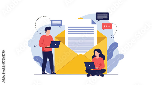 Two people working on laptops next to a giant yellow envelope with a document coming out representing email and communication.
