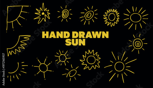 Collection of hand-drawn sun doodles in yellow on a black background, featuring various playful and expressive sun shapes in a sketch style with bold, high-contrast visual appeal
