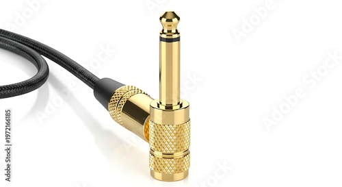 Gold 6.35mm (1/4 inch) audio jack connector with black cable with a close-up, realistic 3D render of a shiny gold 1/4 inch (6, quarter inch