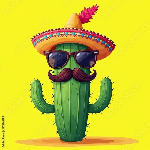 Funny Cartoon Cactus Character Wearing Sombrero, Sunglasses, and Mustache