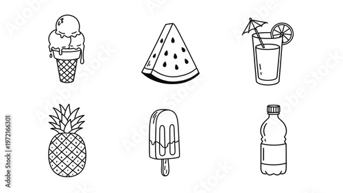 Summer Refreshment and Fruit Outline Vector Icons