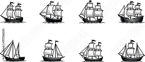 Sailing ship icons, vintage vessel silhouettes, maritime vector illustration, ocean travel design, nautical graphic art, classic boat symbol, sea exploration