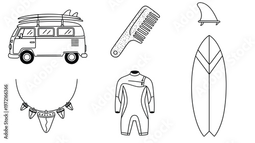 Vintage surf trip essentials: camper van, surfboard, wetsuit, and beach accessories line art collection