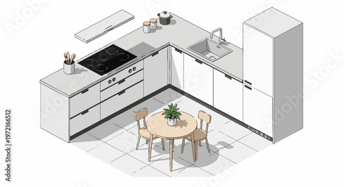 Isometric Modern Kitchen Interior Design with Minimalist L-Shaped Cabinets and Dining Set