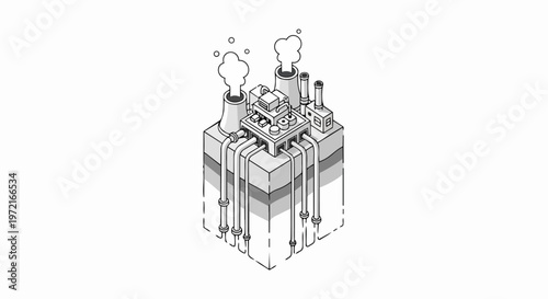 Isometric Industrial Factory Line Art Illustration with Cooling Towers and Underground Infrastructure